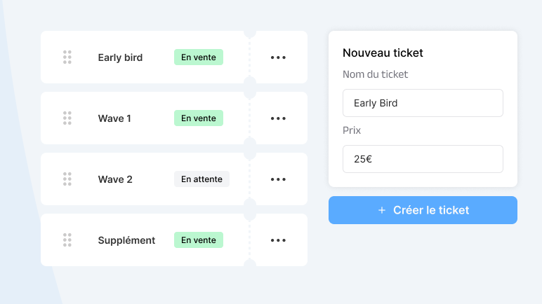 Interface PassPass pour vendre des billets en ligne facilement : créez vos tarifs (Early Bird, Wave, Supplément), gérez les prix et publiez vos tickets en quelques minutes, sans connaissances techniques.